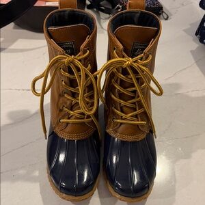 GH Bass & Co. Duck Boots in Brown and Navy with Yellow Laces Size 6